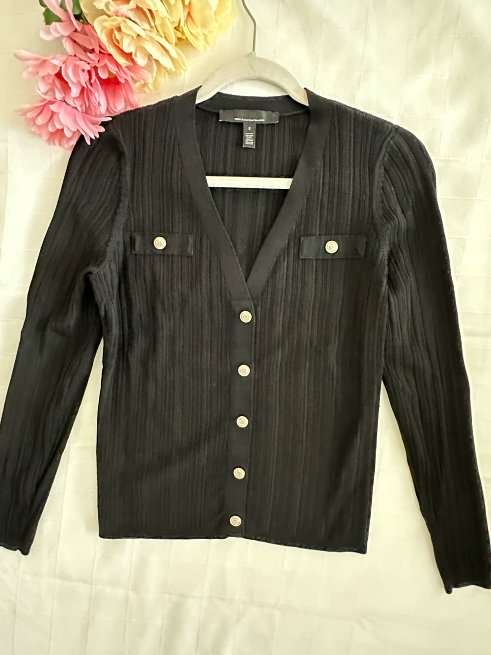 White House Black Market Brand New Black Ribbed Button-Front Cardigan